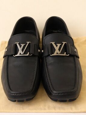 Louis Vuitton Black Leather LV Logo Slide Loafers